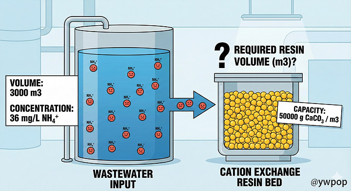 NH4^+ 처리에 필요한 양이온 교환수지의 부피