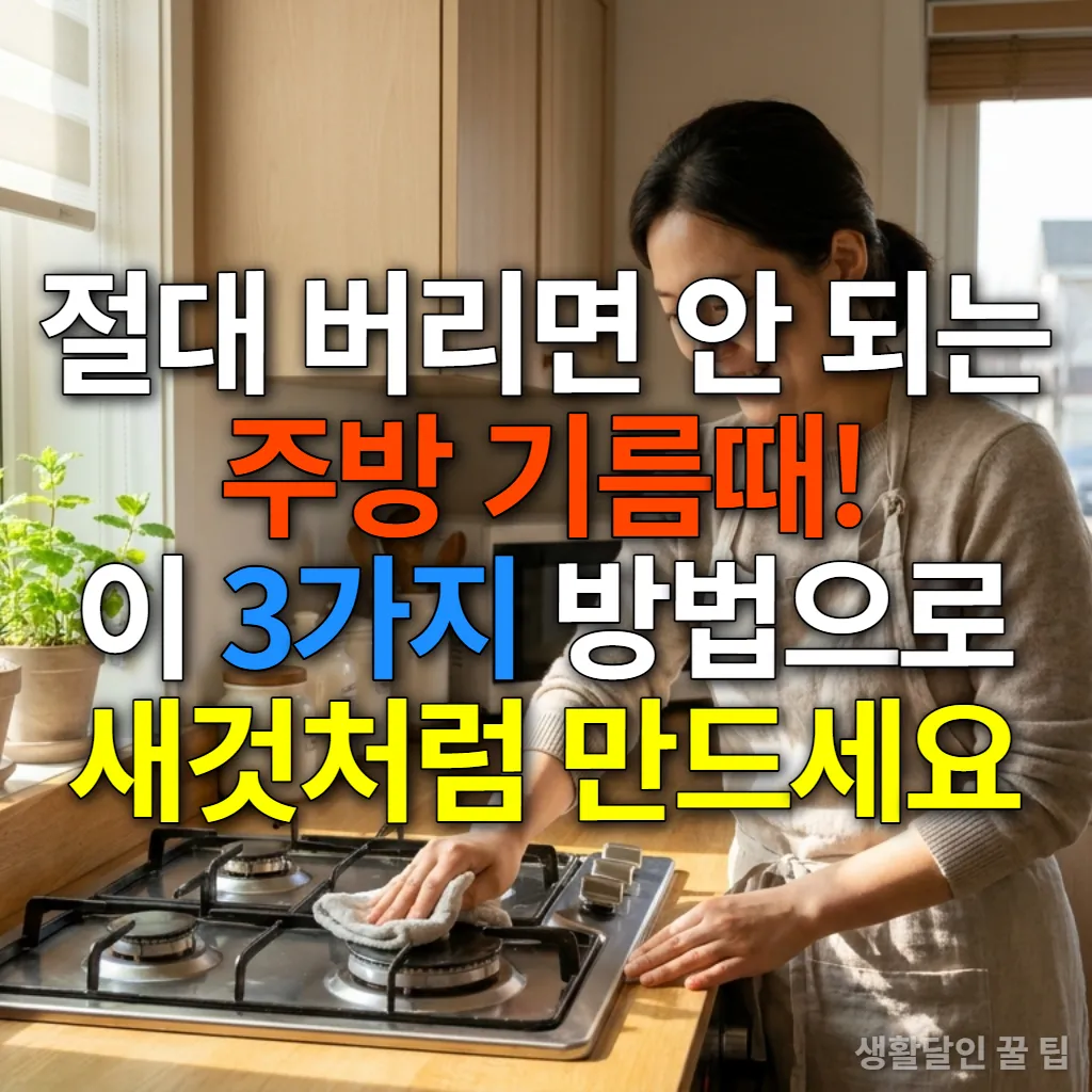 깨끗하게 청소된 주방에서 환하게 웃고 있는 여성