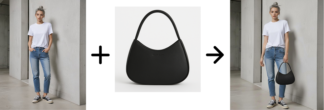 모델 이미지와 가방 이미지를 드랩아트 AI 믹스로 합성한 결과