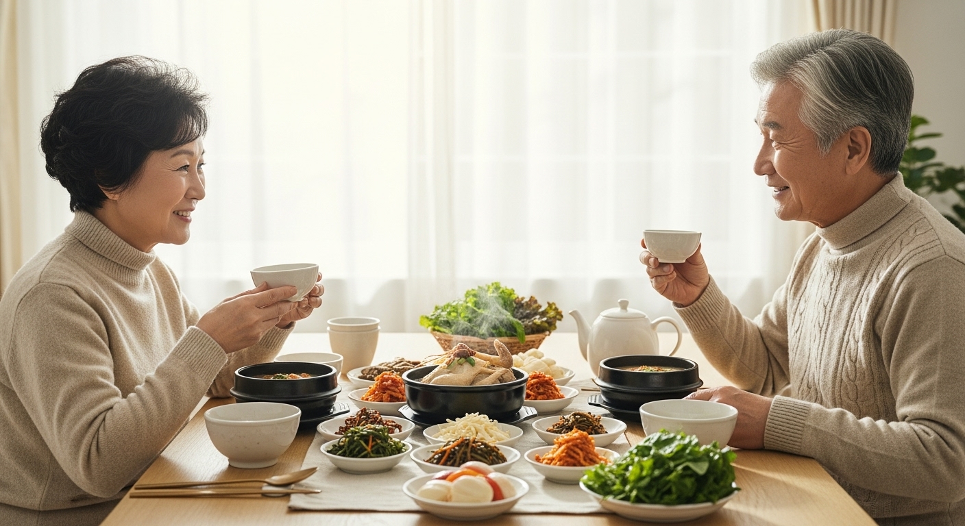 따뜻한 집에서 삼계탕 등 보양식을 먹으며 미소 짓는 노인 부부, 겨울철 건강을 상징하는 모습