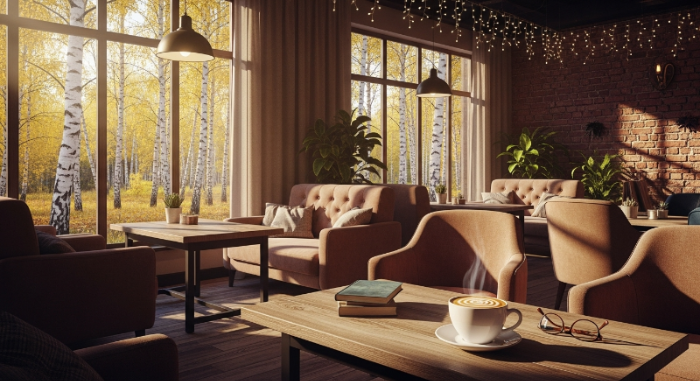 자작나무숲 근처, 따뜻한 분위기에서 커피 한 잔의 여유를 즐길 수 있는 아늑한 카페 내부.