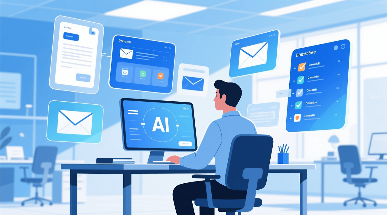 직장인과 프리랜서가 AI 에이전트를 활용해 업무를 자동화하는 디지털 일러스트