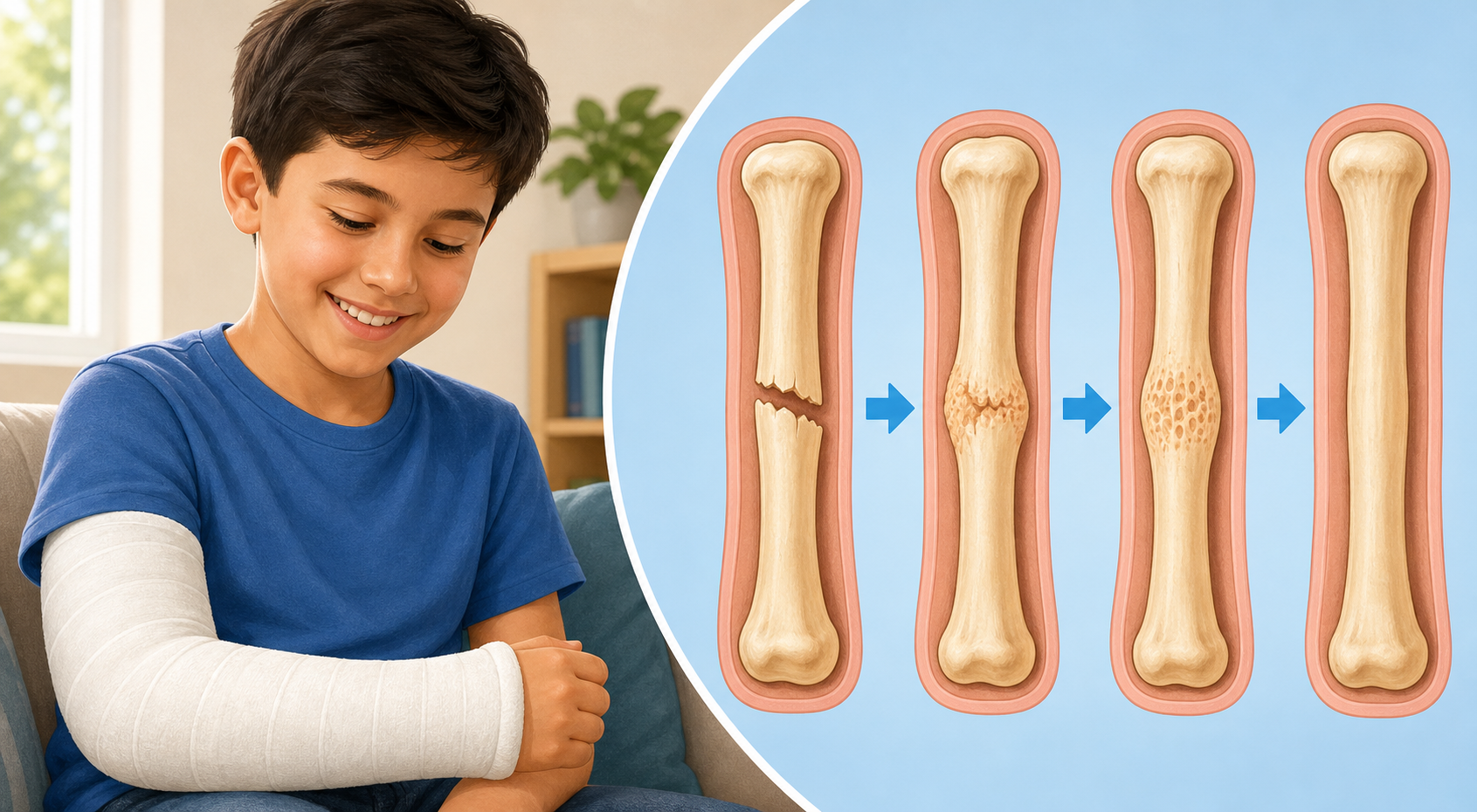 Educational illustration showing a broken bone healing with a cast and new bone tissue