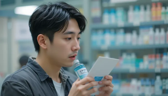 가글 추천 제품 라벨을 확인하는 남성의 모습