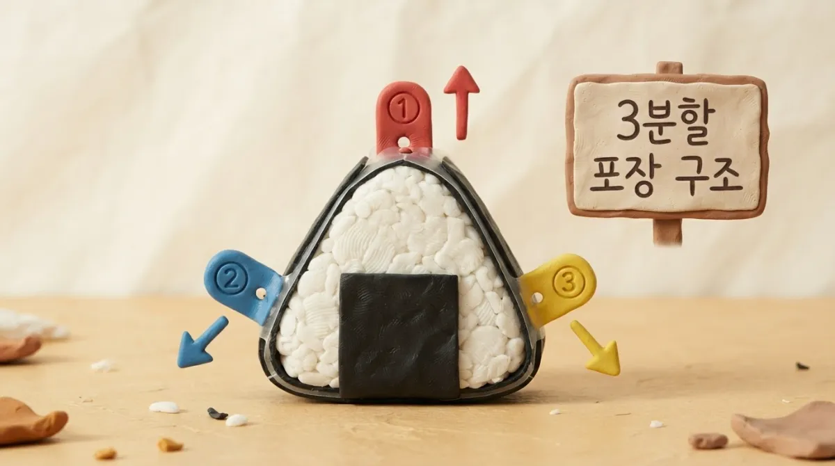 삼각김밥 3분할 포장 단면 구조도 - 빨강 파랑 노랑색 번호 탭과 뜯는 방향 화살표가 표시된 클레이 애니메이션 인포그래픽