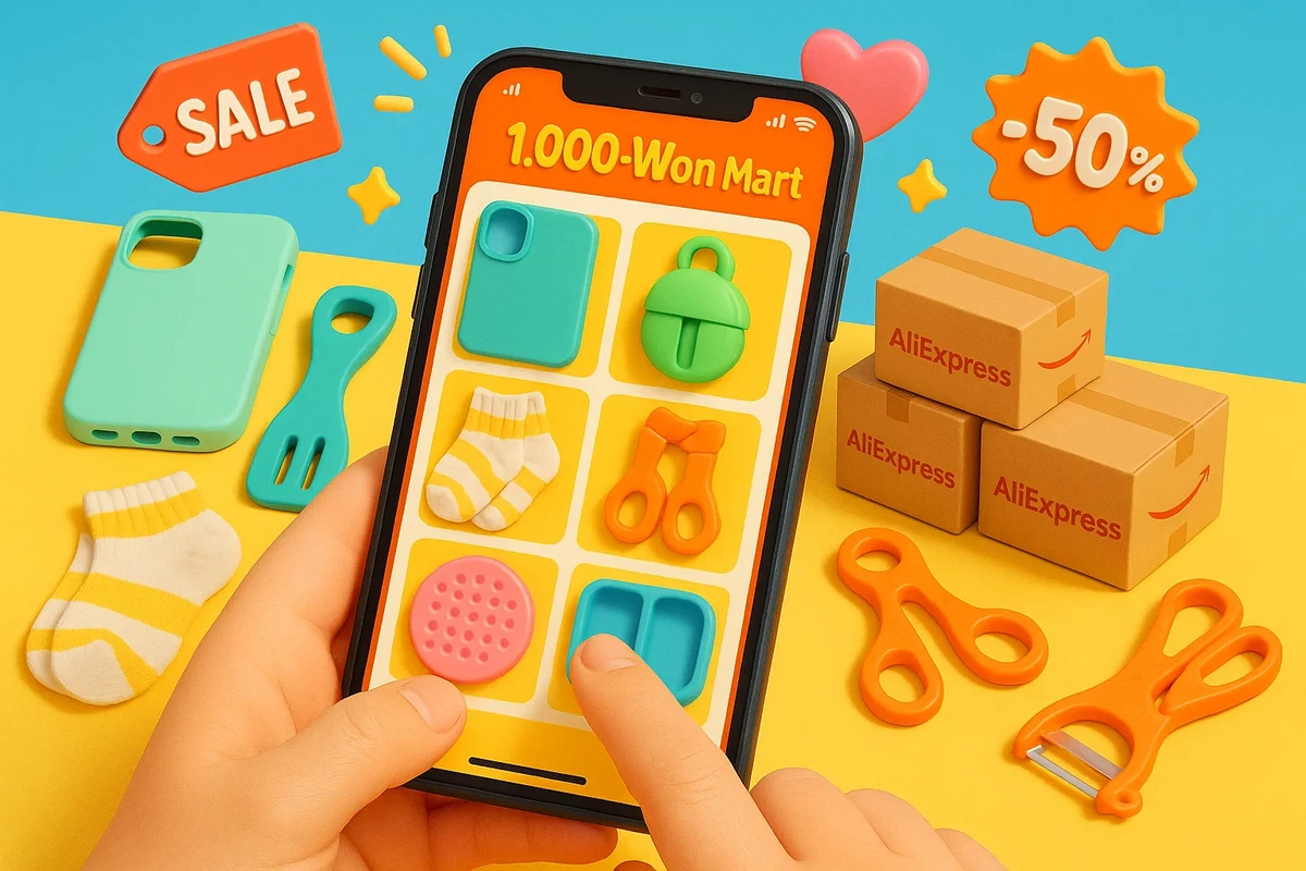 알리익스프레스 천원마트 메인 화면과 다양한 저가 상품들이 진열된 모습, 스마트폰으로 쇼핑하는 손과 배송 상자들