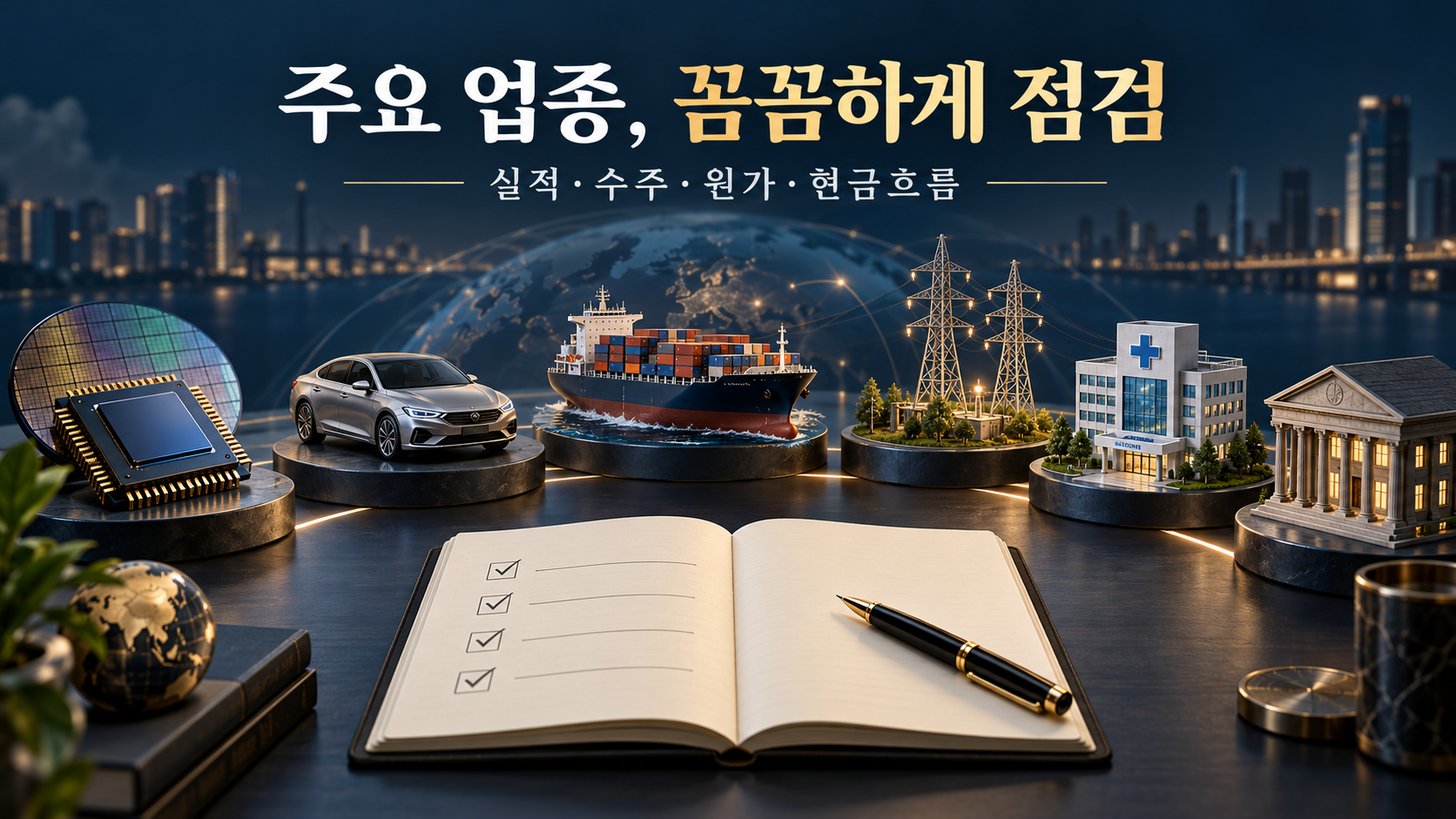 반도체·자동차·선박·전력시설·병원·은행 모형과 체크리스트를 배치해 업종별 실적·수주·원가·현금흐름 점검을 표현한 설명 이미지