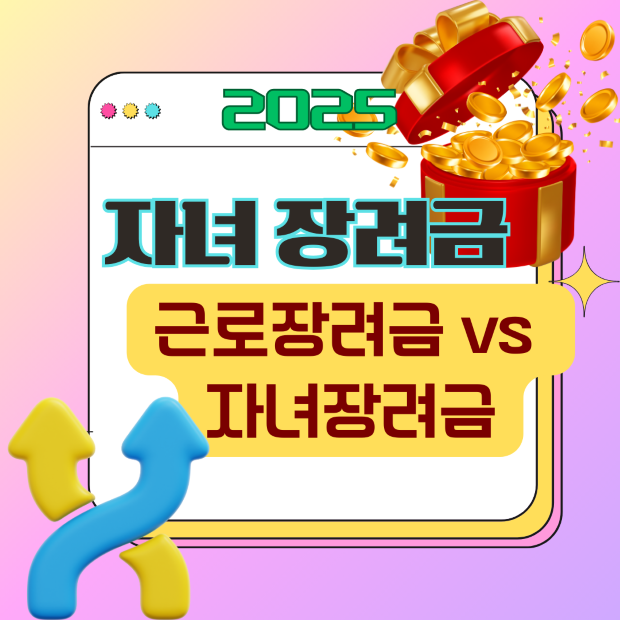 “2025 자녀장려금과 근로장려금 차이를 나타내는 교차 화살표와 코인 아이콘 일러스트, 비교 설명용 이미지”