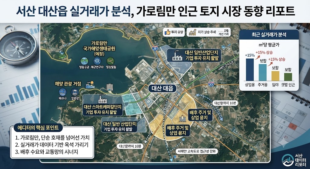 서산시 대산읍 가로림만 인근 토지 시장 동향 분석 지도 및 실거래가 데이터 시각화 리포트