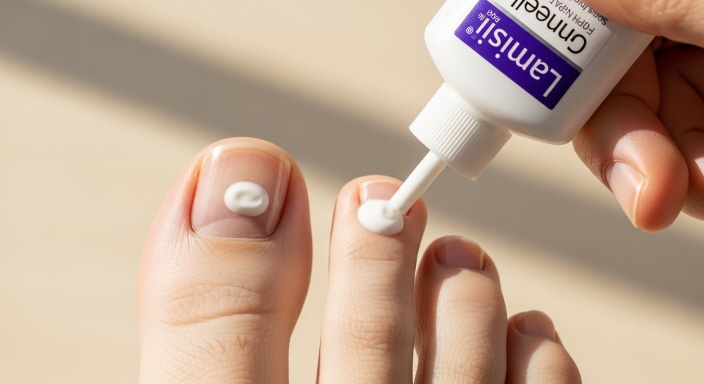 발톱 양옆까지 라미실원스를 꼼꼼히 도포하는 모습