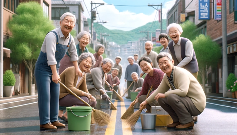 노인들이 길거리에 모여 청소를 하며 웃고있다.