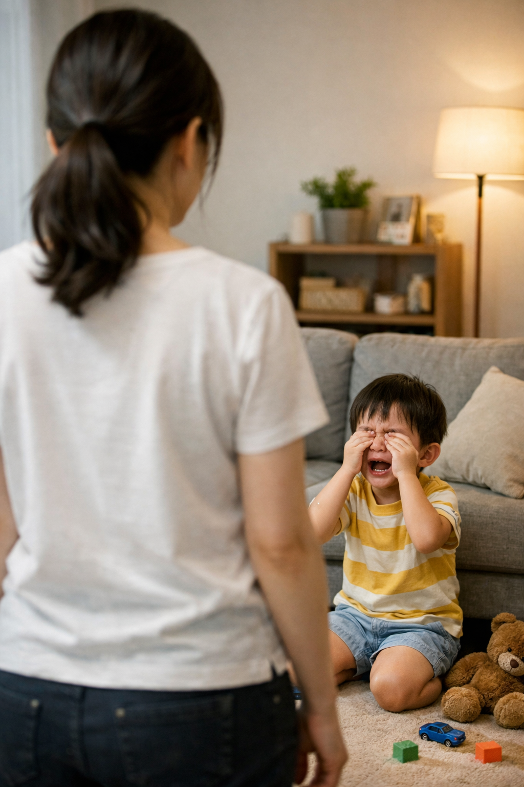 이유를 물을수록 더 화내는 아이와 당황한 엄마의 거실 장면