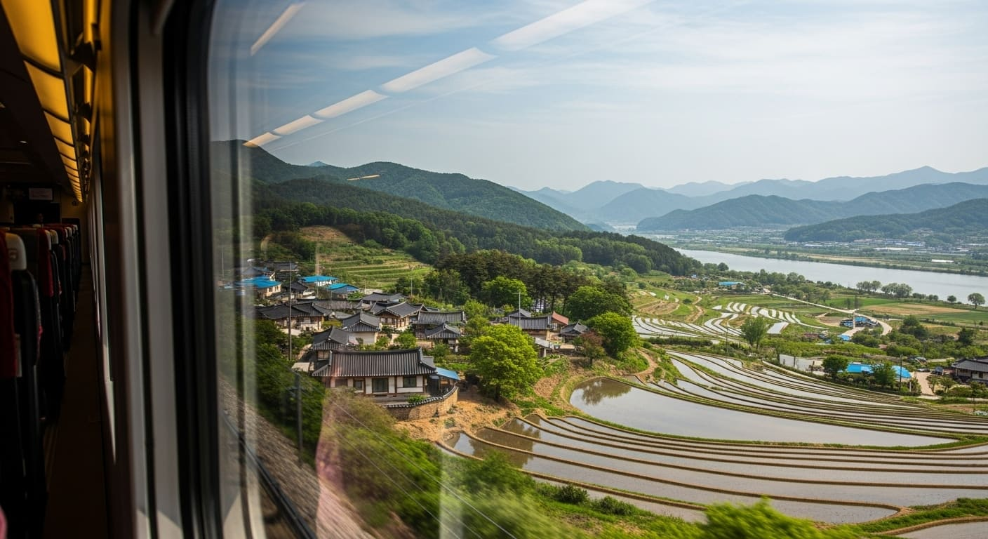 기차 창문 밖으로 보이는 시골 전경