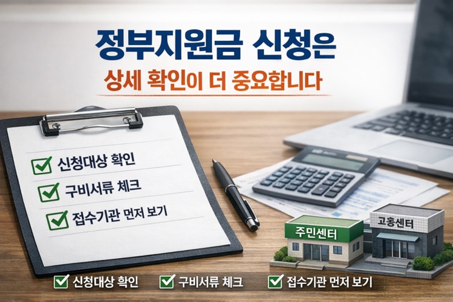정부지원금 신청 전에 신청대상과 구비서류, 접수기관과 신청방법을 끝까지 확인해야 한다는 점을 보여주는 체크리스트 이미지