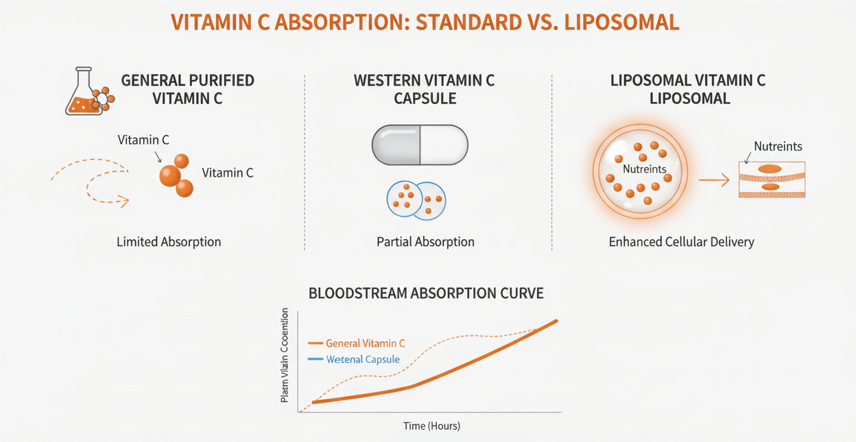 비타민C 흡수 비교 인포그래픽: 일반 비타민C&middot;캡슐&middot;리포좀 비타민C 흡수 차이와 혈중 흡수 곡선