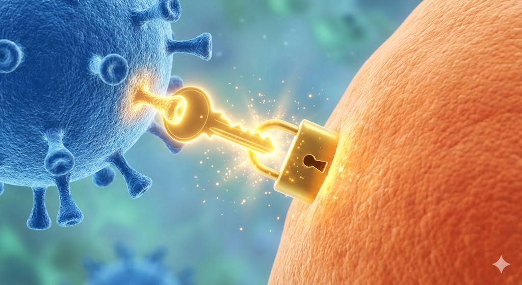 열쇠(바이러스)와 자물쇠(세포)의 결합