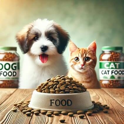 흰색과-검정색이-어우어진-강아지와-황색-고양이가-밥그릇에-가득-쌓인-사료를-보고있는-모습