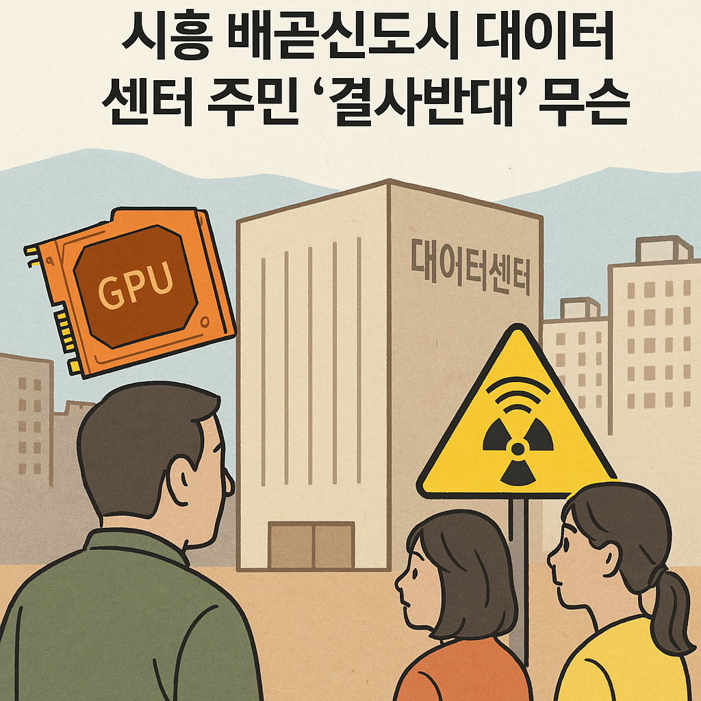 시흥 배곧신도시 데이터센터 논란을 상징적으로 표현한 일러스트: 데이터센터 건물과 GPU, 전자파 경고 표지판을 바라보는 주민들, 아파트 스카이라인 대비