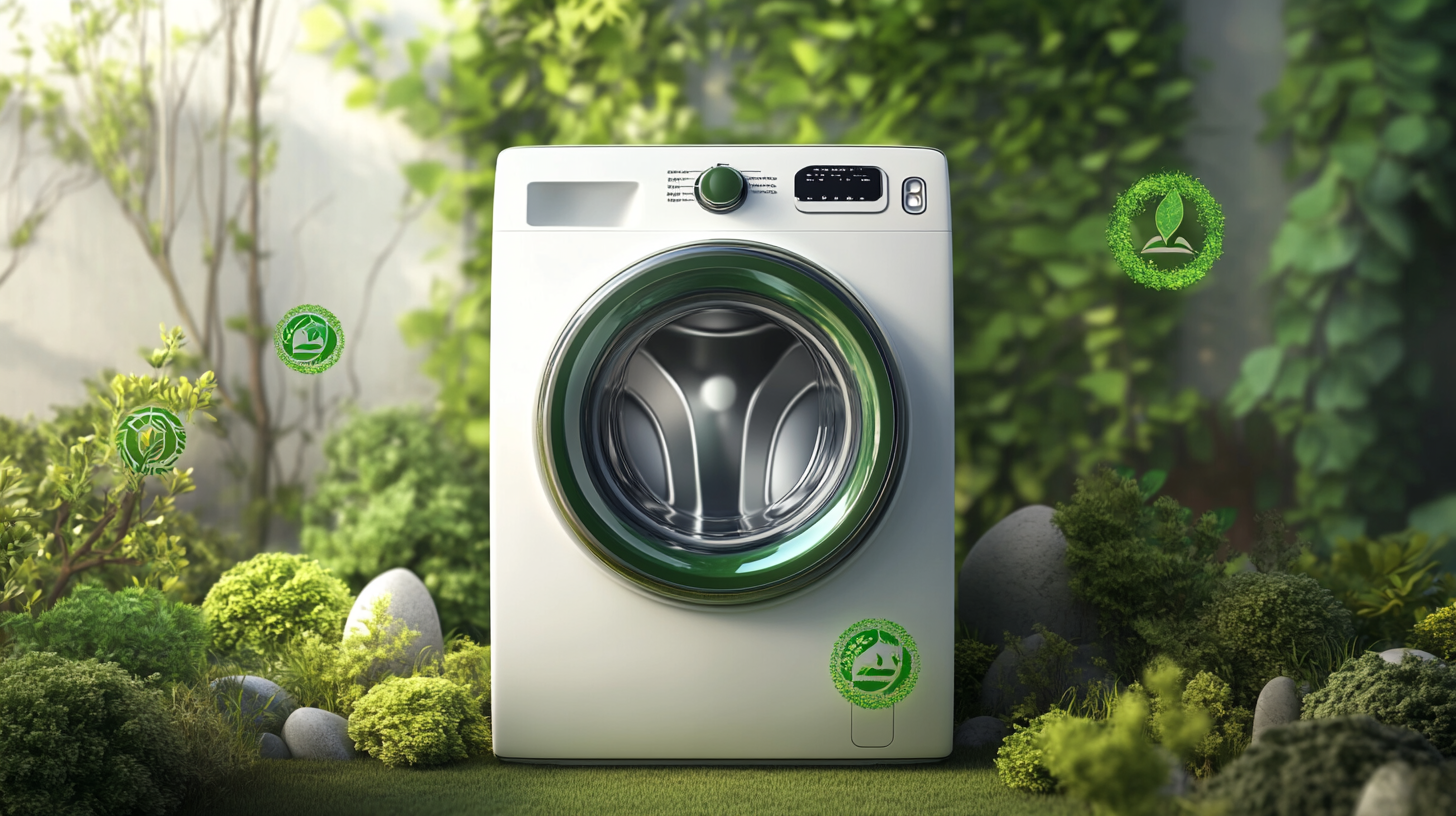 배경에 녹색 에너지 상징과 자연 요소가 있는 친환경 삼성 그랑데 세탁기