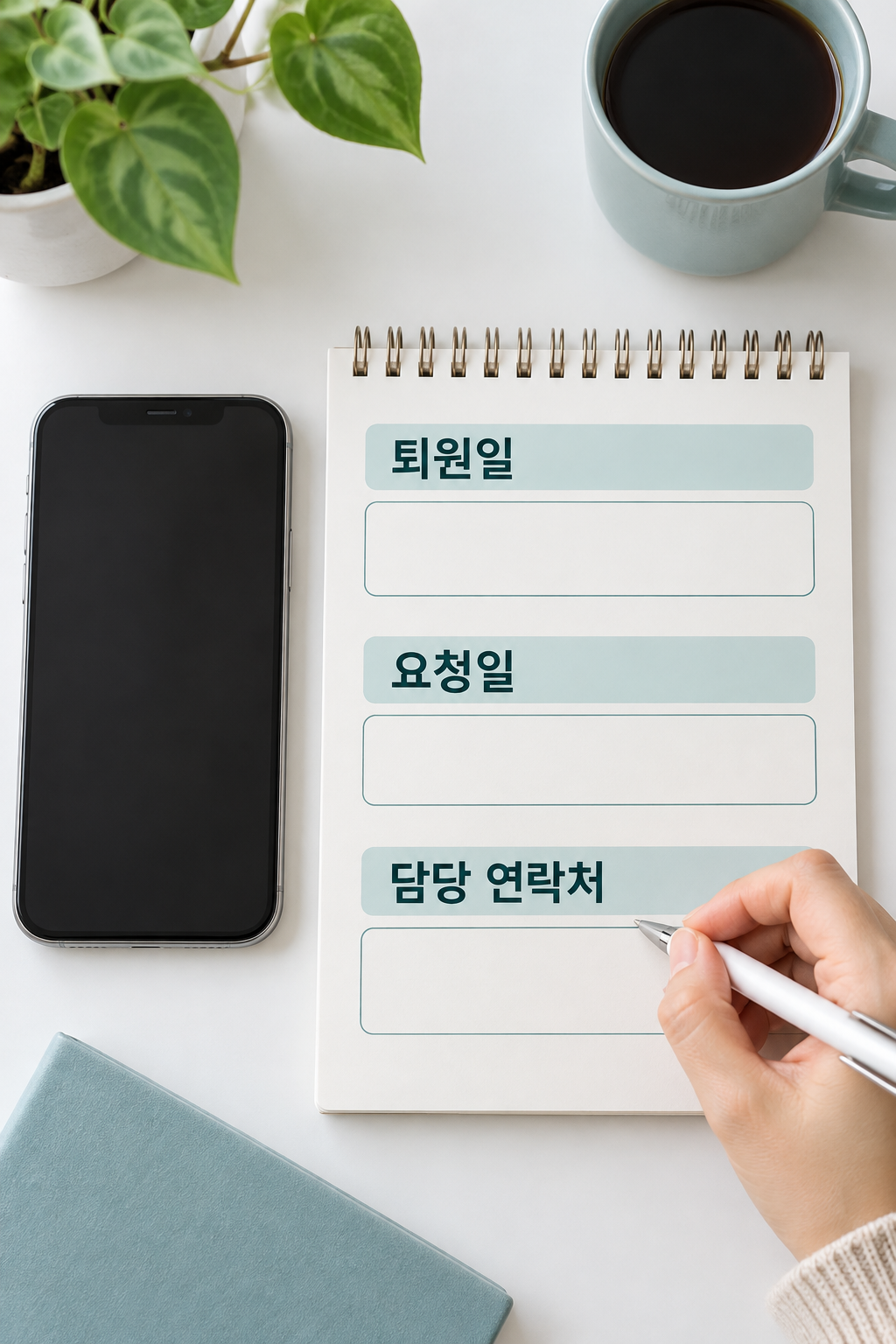 전화기 옆 메모에 퇴원일&middot;요청일&middot;담당 연락처 항목이 적힌 장면