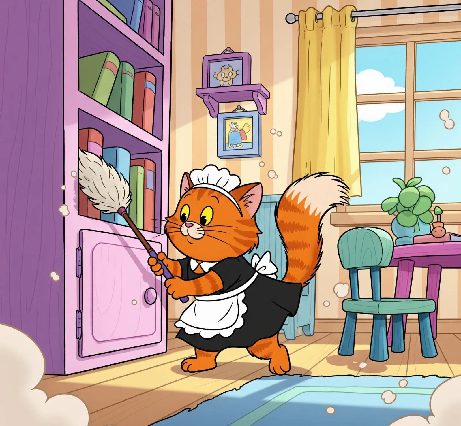 방 청소하는 고양이 그림, Picture of a cat cleaning a room