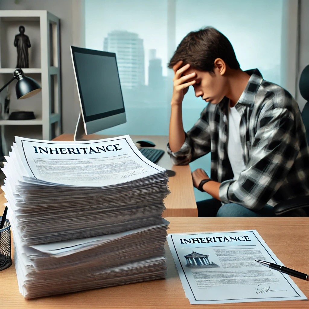 상속포기와 한정승인 관련 법률 서류와 판례 책이 쌓여 있는 책상 이미지