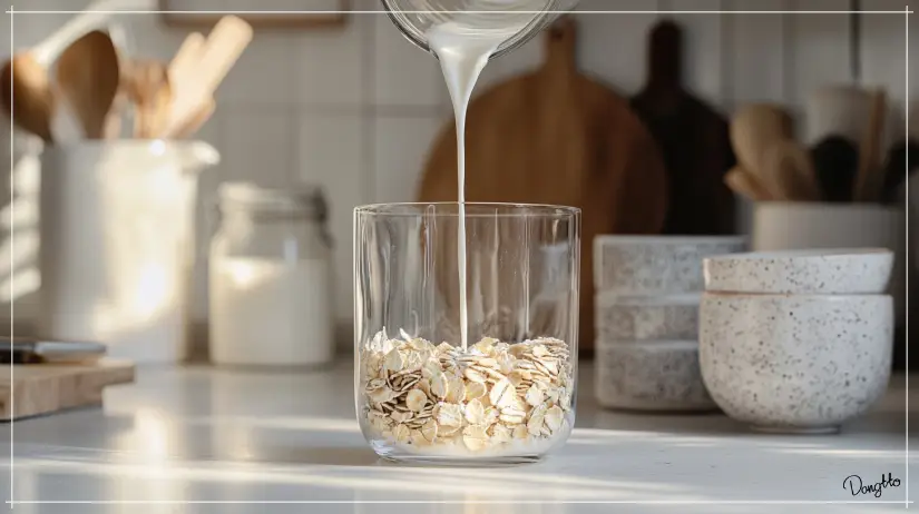 오트밀-먹는법인-오버나이트-오트밀을-만들기-위해-오트밀에-우유를-붓고-있는-사진