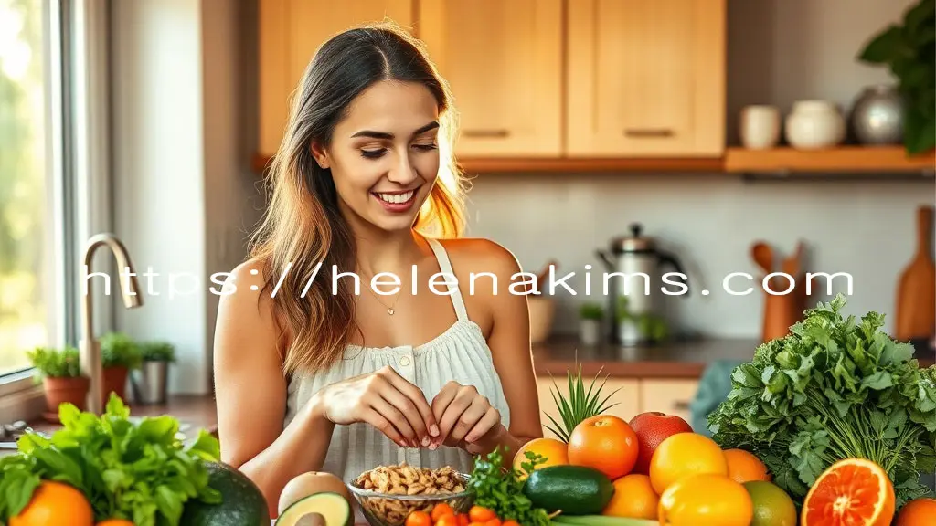 따뜻한 자연광이 비추는 아늑한 주방에서, 촉촉하고 건강한 피부를 가진 젊은 여성이 신선한 아보카도와 호두, 연어 같은 피부에 좋은 오메가-3 지방산과 비타민 E가 풍부한 식재료들을 손질하는 모습.