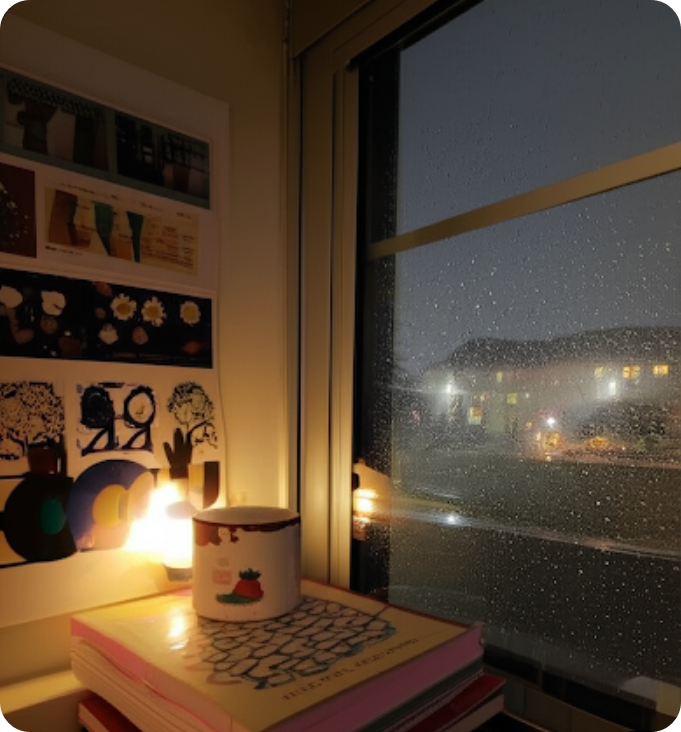 비오는 창밖 풍경을 감상하고 있음