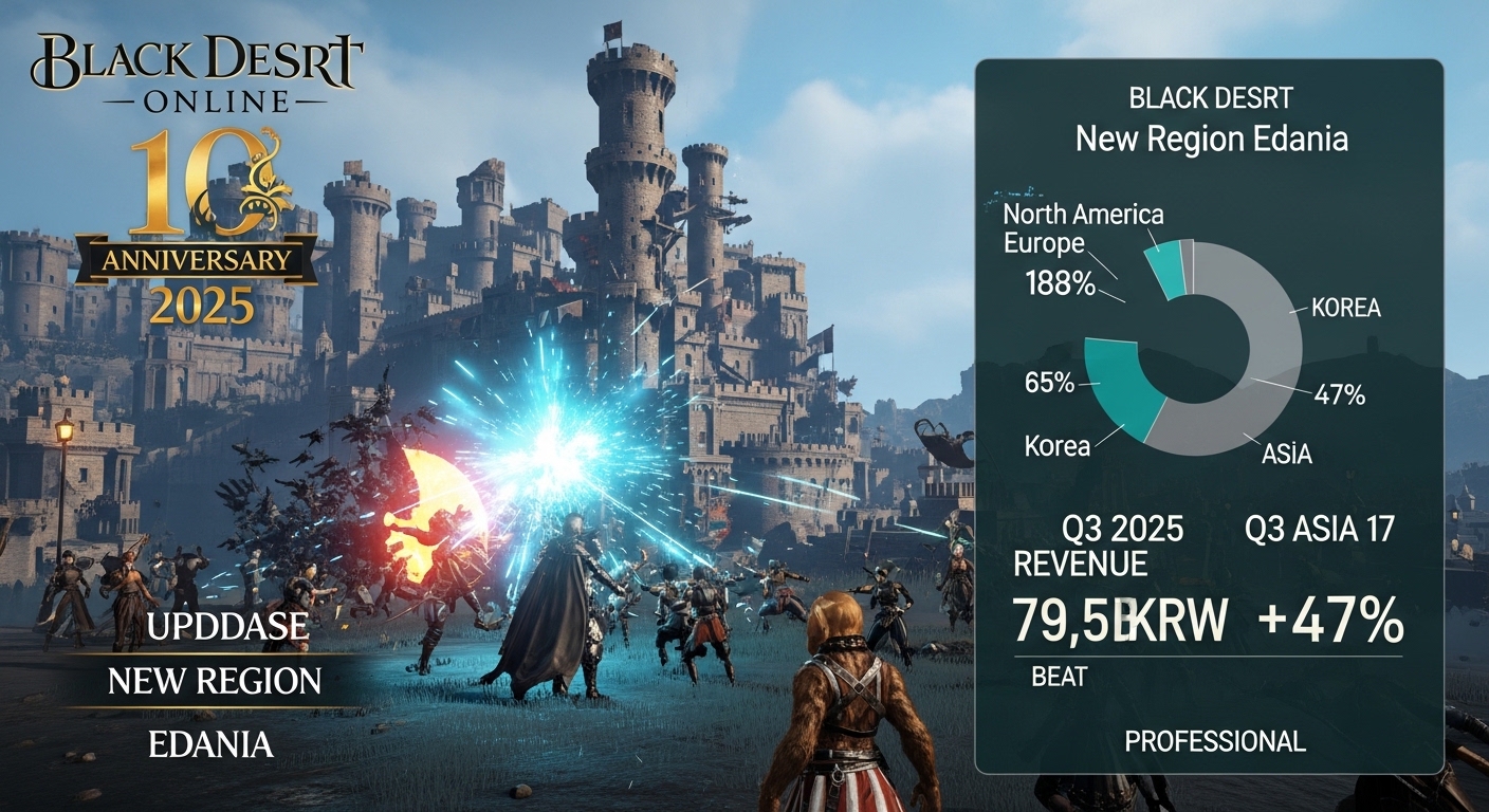 Black Desert Online 10th anniversary 2025 MMORPG world panoramic cinematic screenshot massive castle siege large player battle magical particle effects dramatic sky new class Goku monkey king update autumn 2025 new region Edania gameplay revenue pie chart overlay North America Europe 65 percent Korea 18 Asia 17 Q3 2025 revenue 79.5B KRW plus 47 percent beat English labels professional dark teal