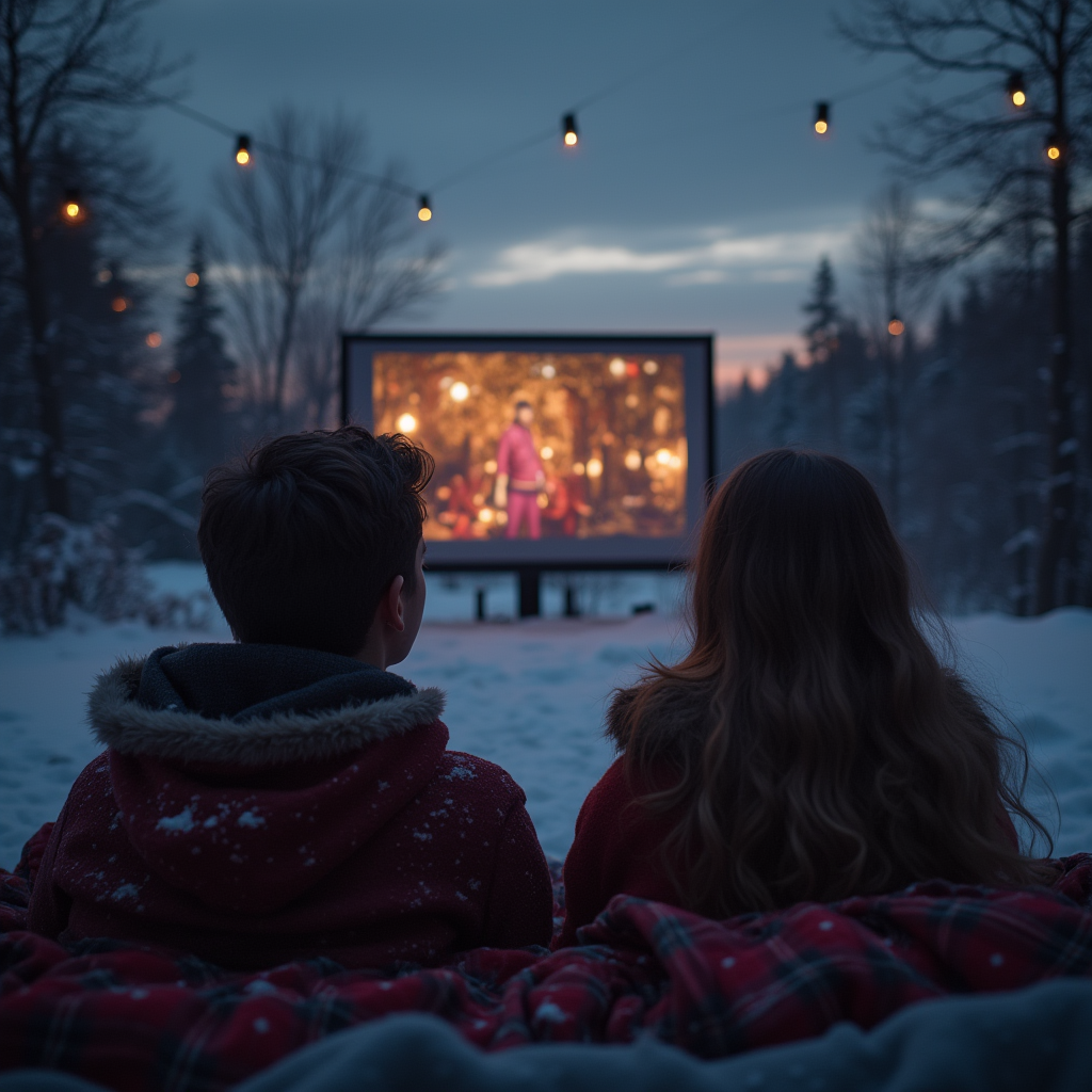 남여가 외부에서 스크린을 통해 영상을 함께 시청하고 있는 모습