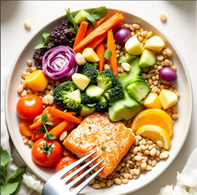 토마토,연어,브로콜리,귀리로 만든 요리 한 접시