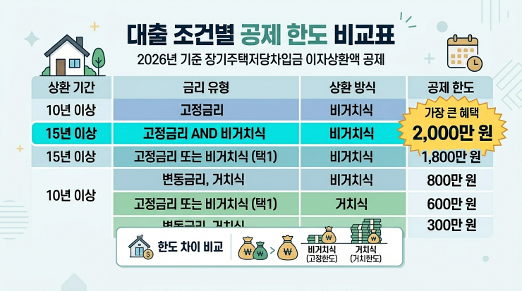 장기주택저당차입금 대출 조건별 공제 한도