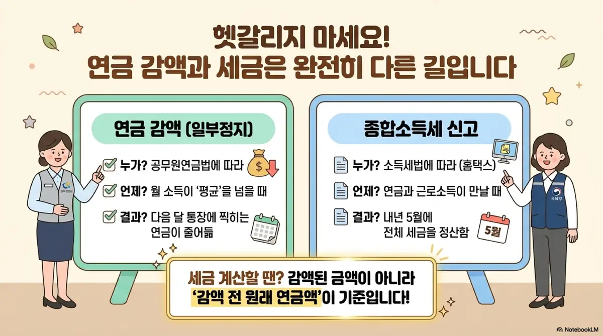 공무원연금 종합소득세: 연금 감액과 세금은 완전히 다른 길이라는 제목으로 왼쪽에는 공무원연금공단 직원이 연금 감액 일부정지를 오른쪽에는 국세청 직원이 종합소득세 신고를 설명하는 이미지. 세금 계산 시 감액된 금액이 아니라 감액 전 원래 연금액이 기준이라는 핵심 내용을 전달함 