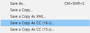 save a copy as CC (15.x) 와 (16.x)