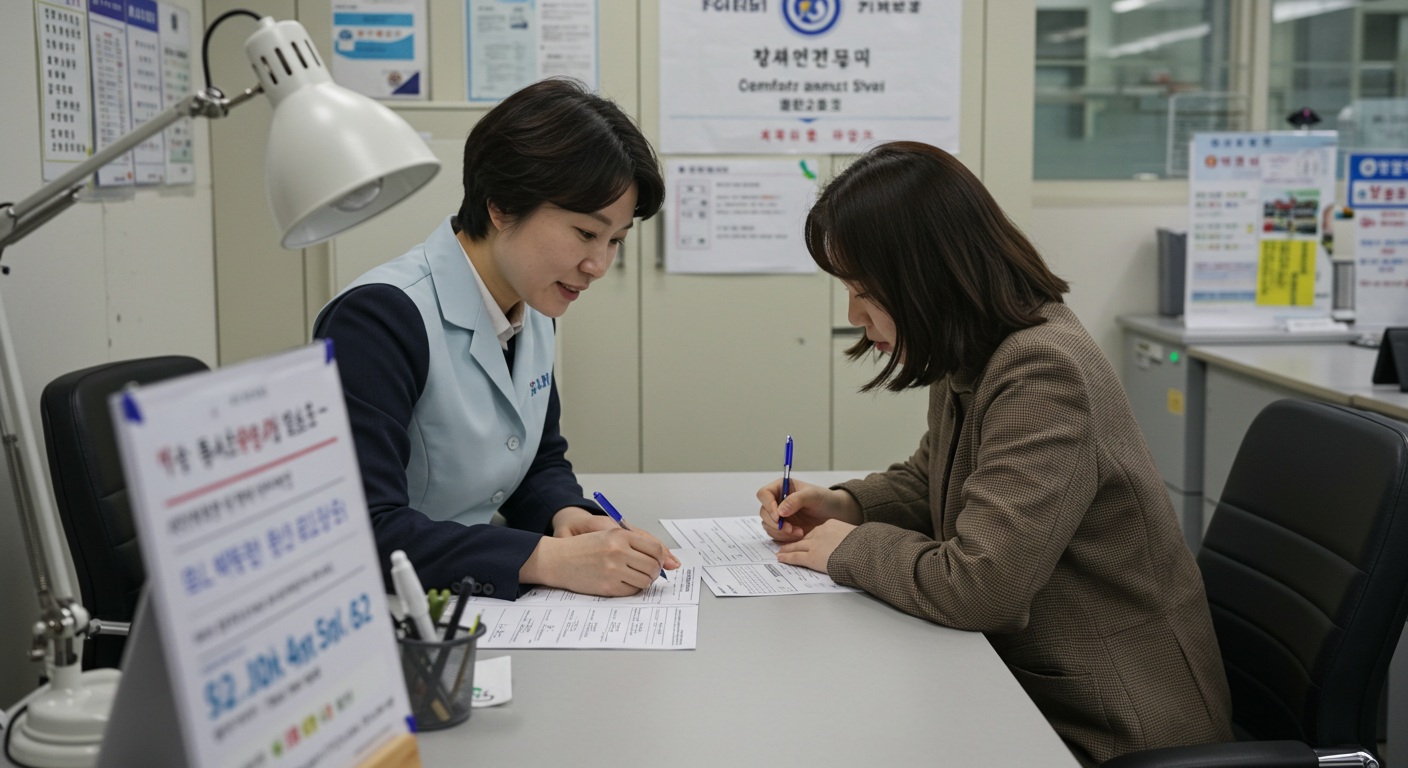 주민센터에서 신청서를 작성하고 있는 중년 남성과 친절하게 안내하는 공무원의 모습