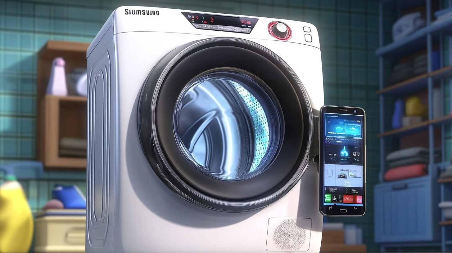 스마트폰에 연결된 삼성 세탁기가 미래적 인터페이스와 에너지 절약 통계를 보여주는 장면.