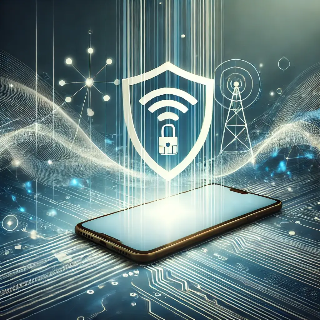 스마트폰과 보호막 사이에 흐르는 추상적인 통신 신호가 보안을 상징하는 디지털 일러스트