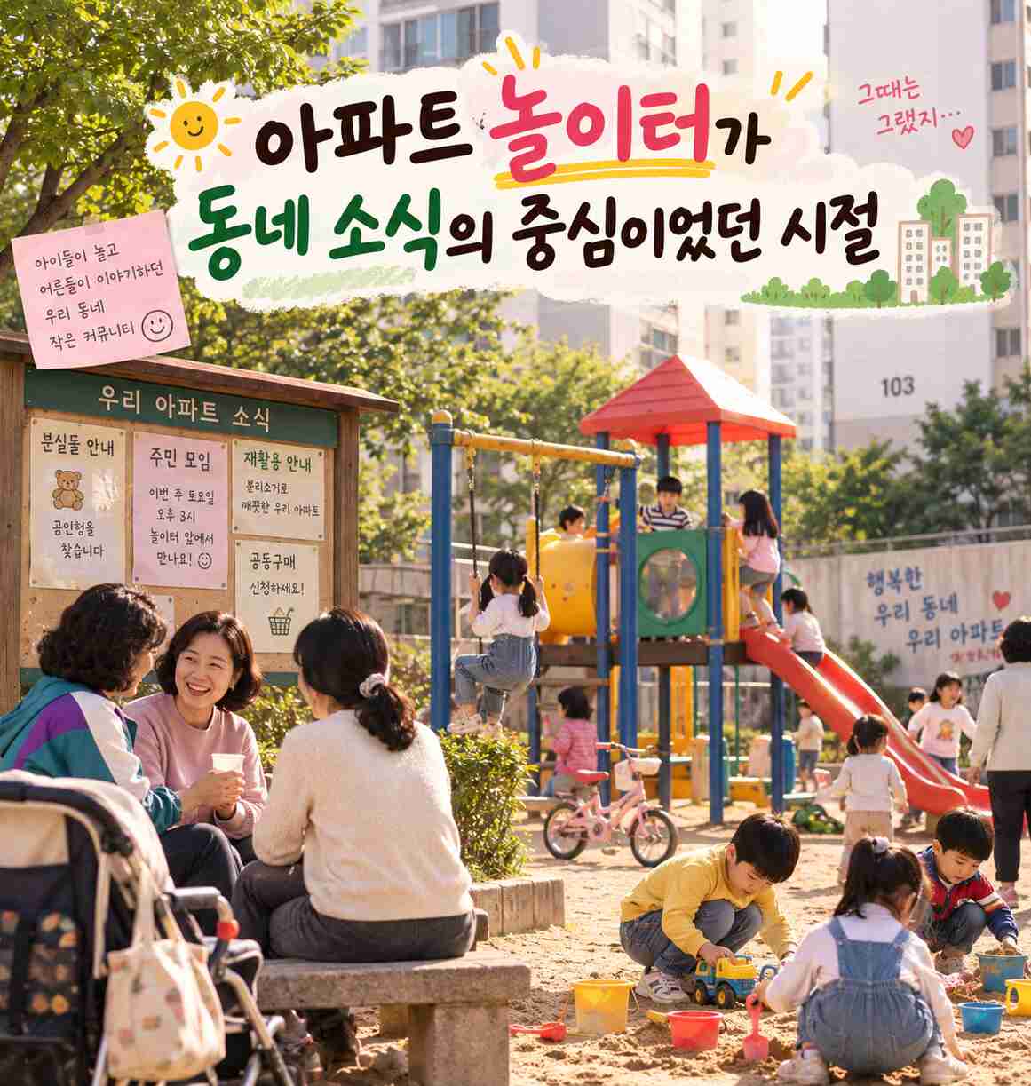 아이들과 이웃들이 모여 있는 옛 아파트 놀이터 풍경과 제목 문구