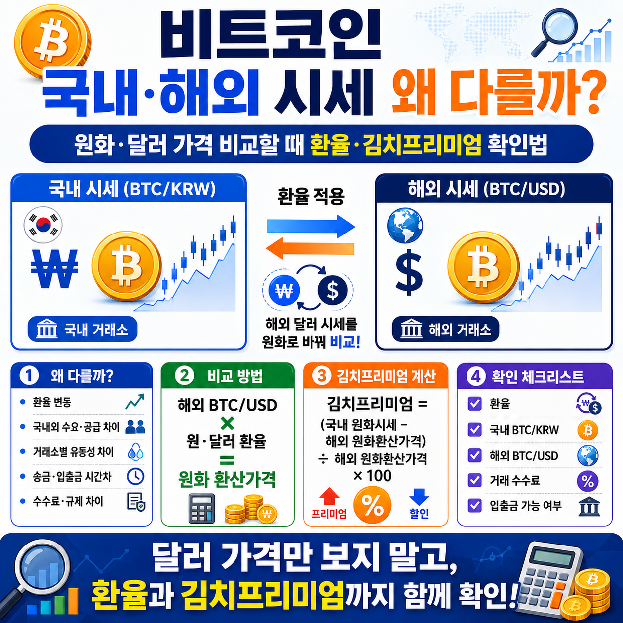 비트코인 국내·해외 시세 왜 다를까? 원화·달러 가격 비교할 때 환율·김치프리미엄 확인법