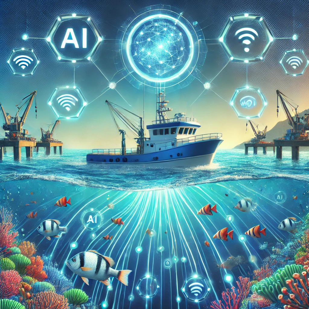이 이미지는 지속 가능한 어업을 위한 AI 기술의 활용을 시각적으로 나타냅니다. 어종 식별을 위한 AI 시스템, 부수어획 감소를 위한 스마트 어망, 그리고 해양 환경 상태를 모니터링하는 센서가 장착된 현대식 어선이 보입니다. 밝고 깨끗한 바다와 다양한 해양 생물이 함께 어우러져, 데이터 기반의 친환경 어업 방식이 생태계 보호와 어업 효율성 증대에 기여하는 모습을 표현하고 있습니다.