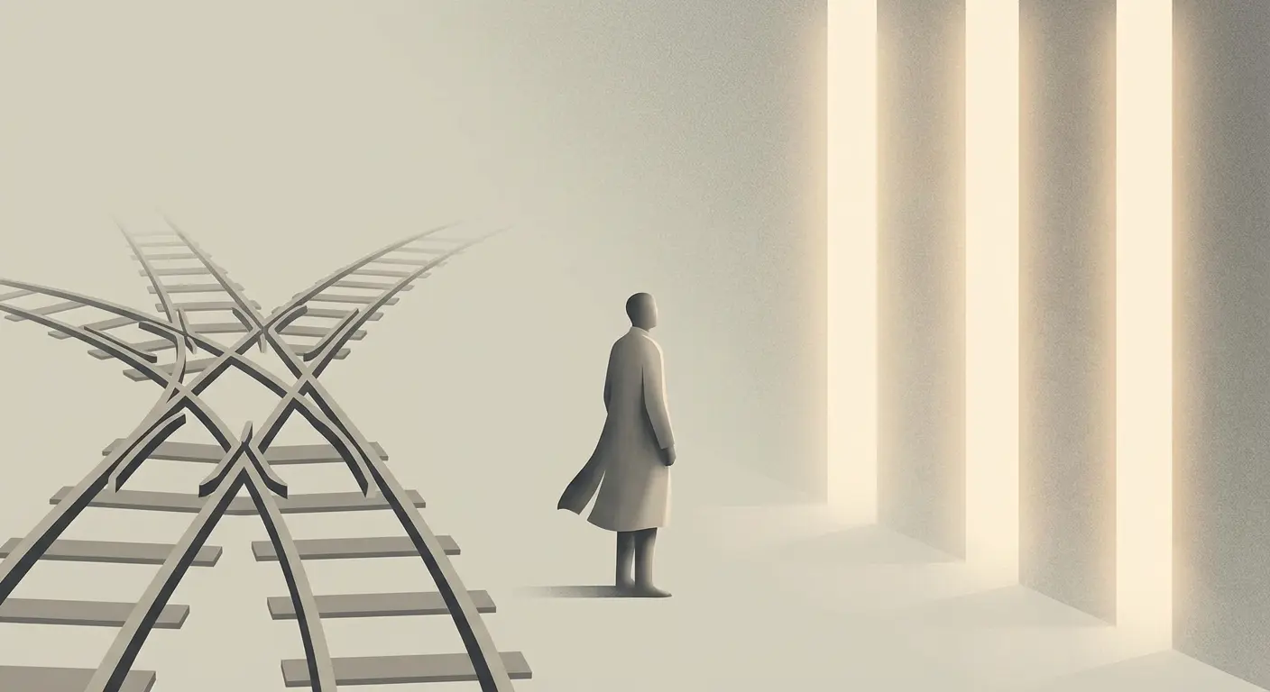An illustration showing the contrast between the trolley problem and religious ethics, highlighting absolute moral rules