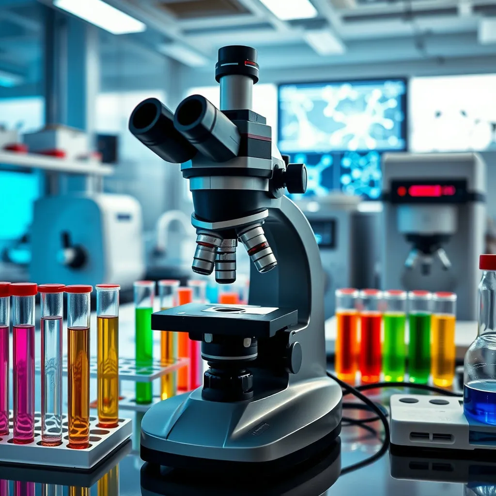 현미경, 시험관, 첨단 연구 장비 등의 요소를 활용하여 명인제약의 연구 역량과 미래 의약품 개발에 대한 의지를 강조합니다.