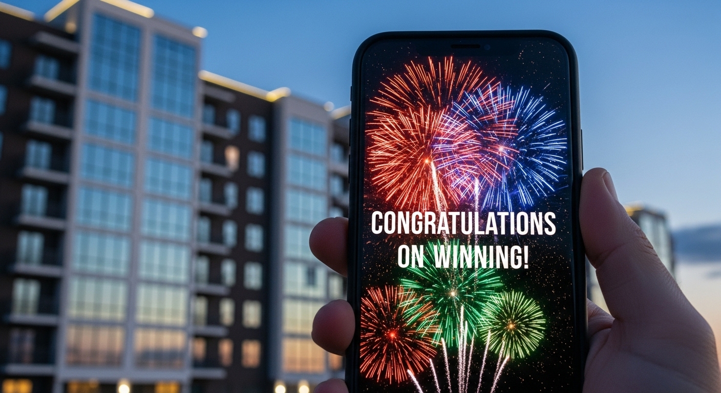 A 'Congratulations on Winning' message popping up with fireworks on a smartphone screen, with a magnificent newly built apartment complex shining in the background.