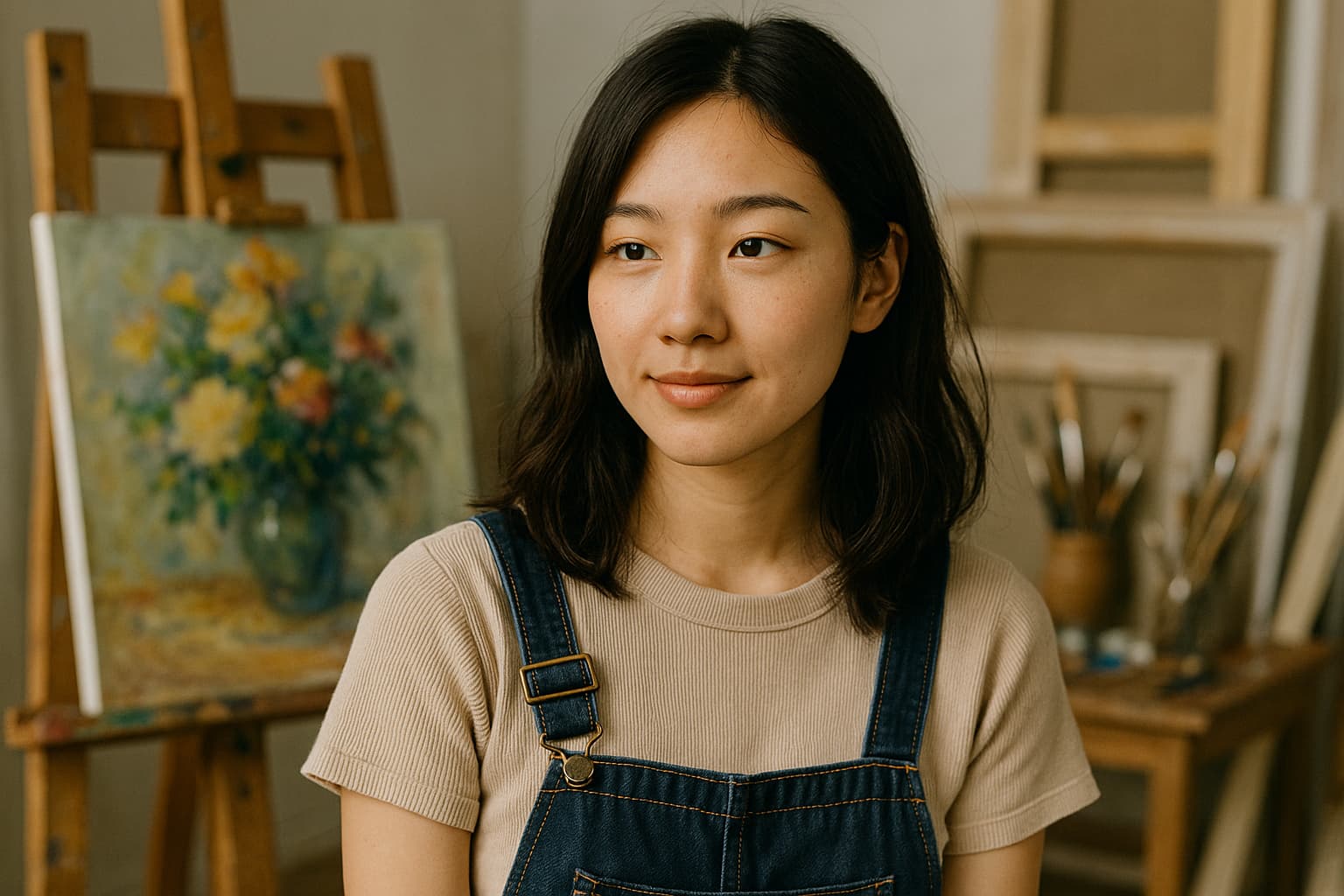 그림이 가득한 작업실에서 평화롭게 미소 짓는 여성, 섬세한 감각과 진심 어린 교류를 중요시하는 ISFP의 모습