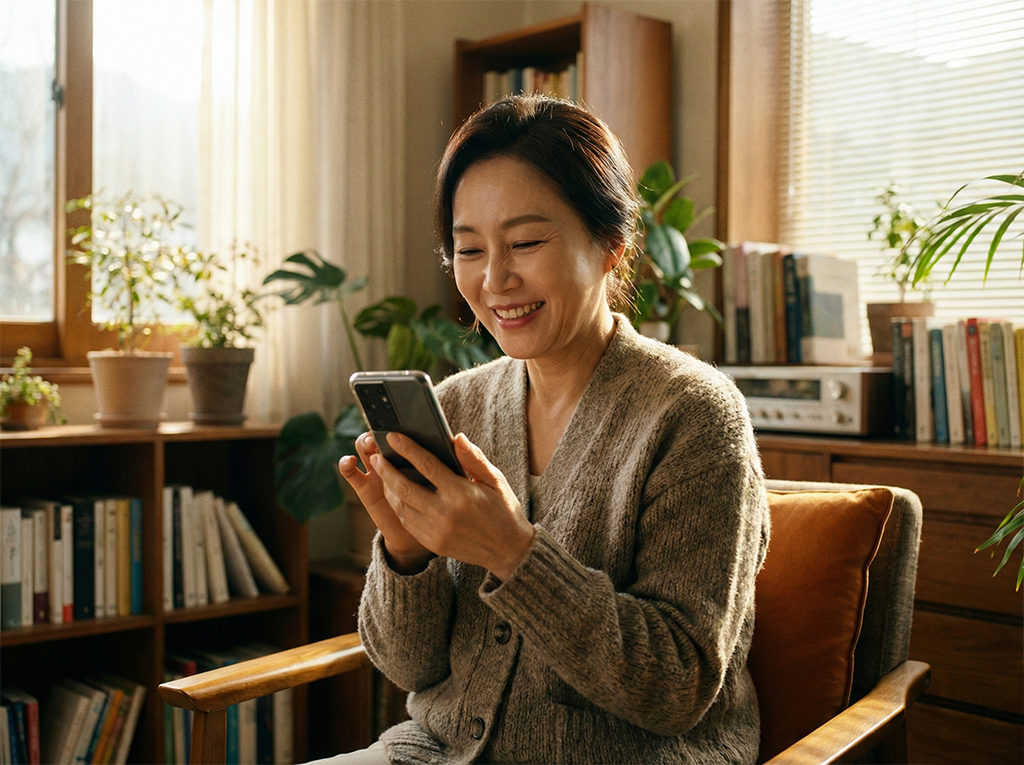 환한 미소를 지으며 스마트폰이나 서류를 보고 기뻐하는 단정한 차림의 50대 한국 여성. 배경은 따뜻한 느낌의 거실
