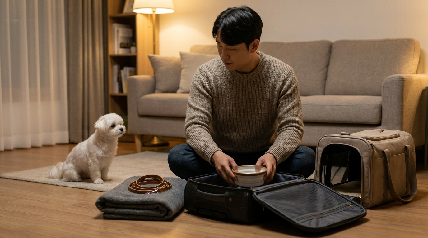 여행가방에 반려동물용품 정리