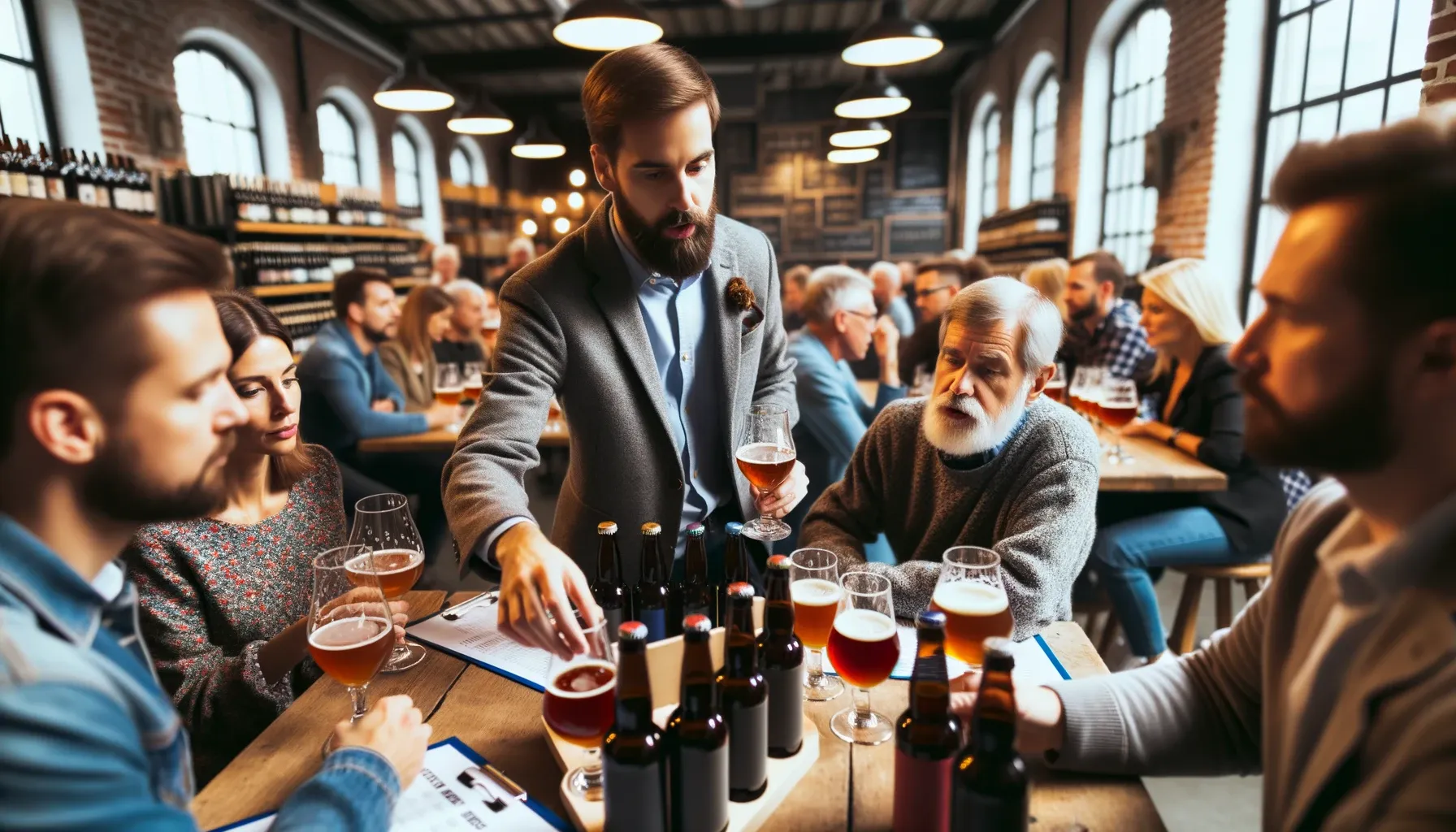 참석자들이 맥주에 대해 토론하고 감상하며 분위기에 집중하고 있는 수제 맥주 시음 세션 사진.
