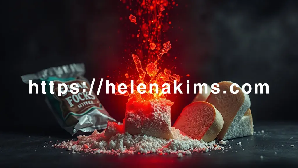 위에서는 녹아내리는 듯한 설탕 결정체가 불길하게 빛나고, 왼쪽에는 내용물이 쏟아져 나오는 듯한 흐릿한 가공식품 봉지가, 오른쪽에는 형태가 왜곡된 정제된 하얀 빵 조각들이 놓여있다.