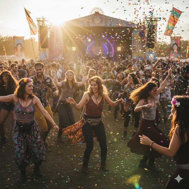 활짝 웃으며 즐겁게 춤추는 사람들의 모습, 밝고 활기찬 축제 분위기